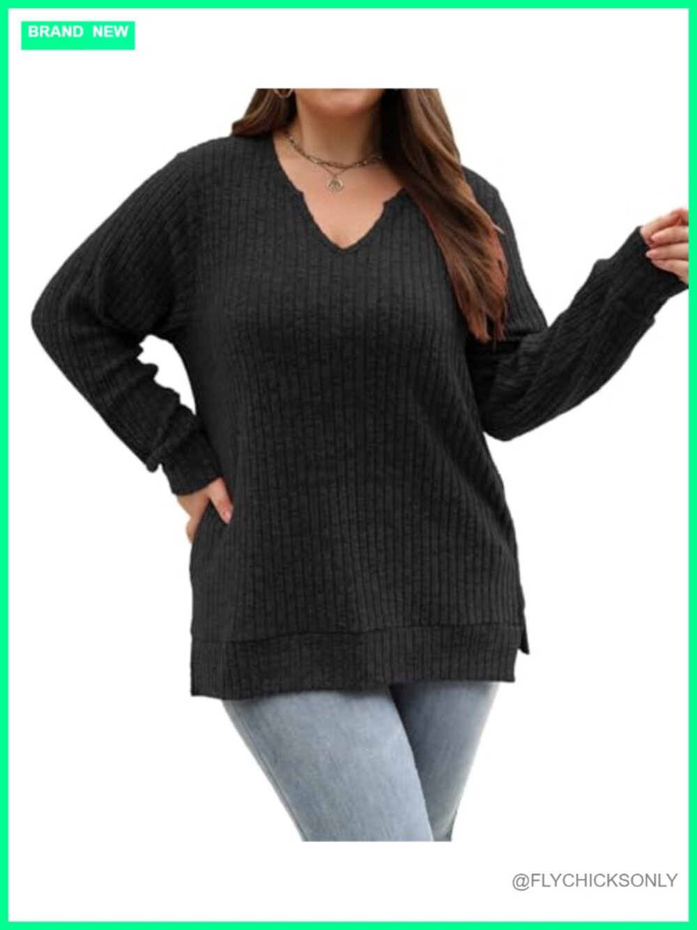 Womens Plus Size Long Sleeve V Neck Tunic Sweater Loose Knit Pullover